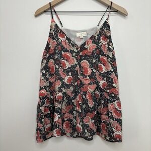 Ann Taylor LOFT Tank Top Womens Medium Gray Coral Paisley‎ Floral Peplum Button